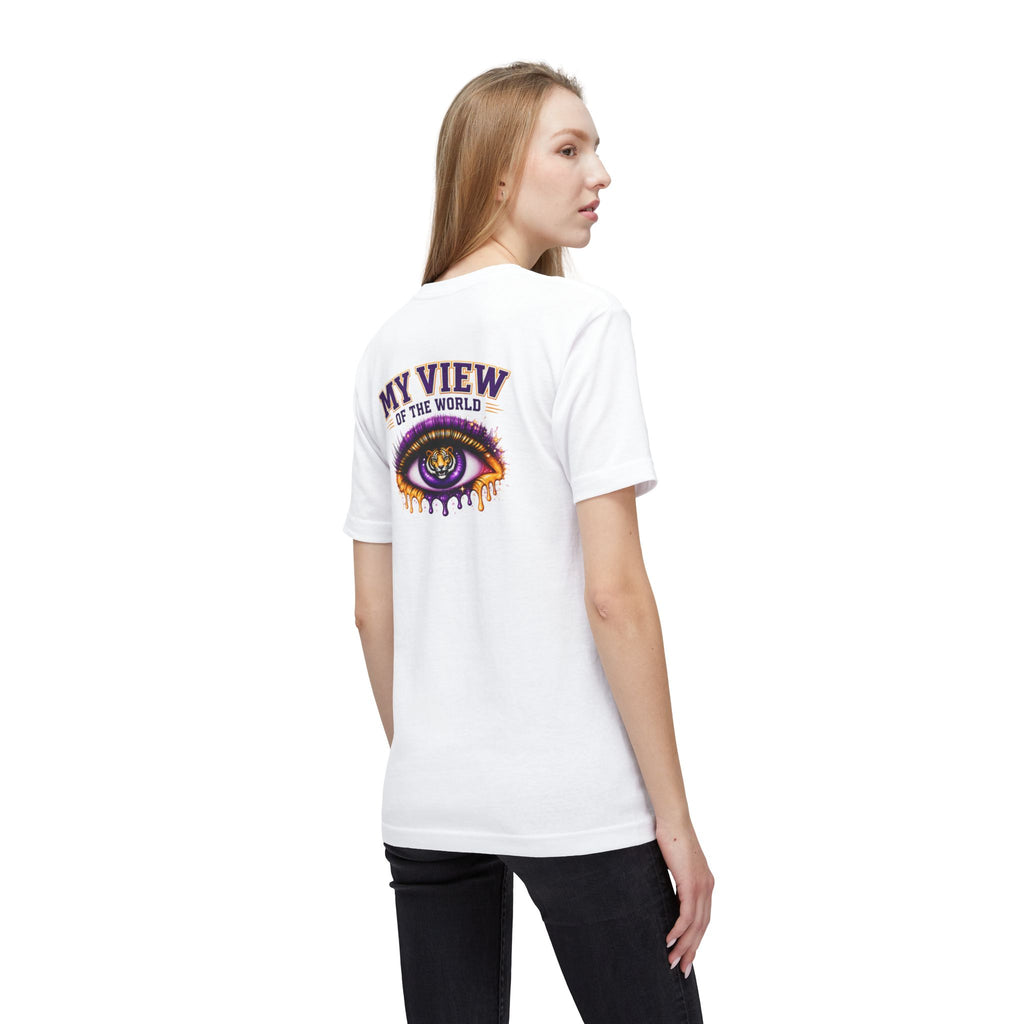 My View of the World LSU Inspired Shirt | Purple & Gold Tiger Eye Graphic Tee | Louisiana Football Fan Shirt | Game Day Back Print