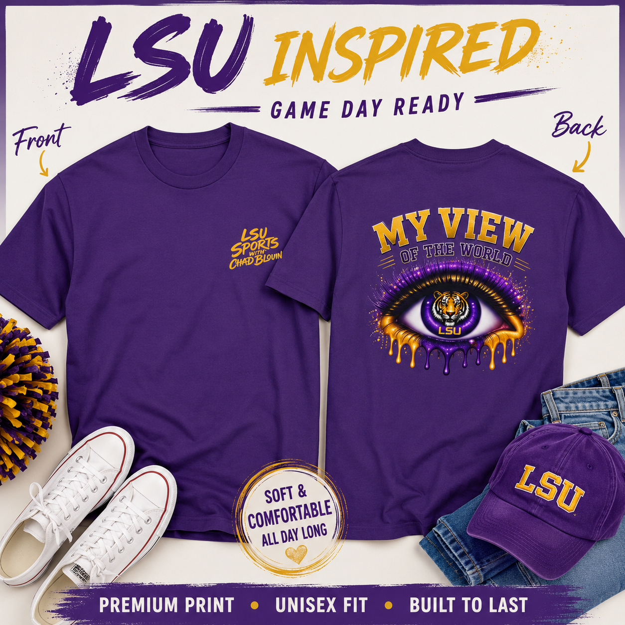 My View of the World LSU Inspired Shirt | Purple & Gold Tiger Eye Graphic Tee | Louisiana Football Fan Shirt | Game Day Back Print